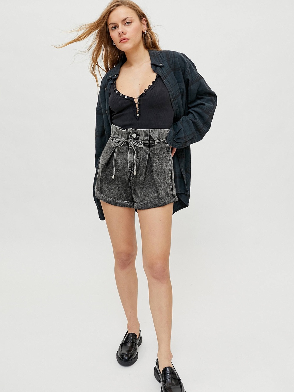 BLANKNYC High-Waist Paperbag Denim Shorts - Washed Black